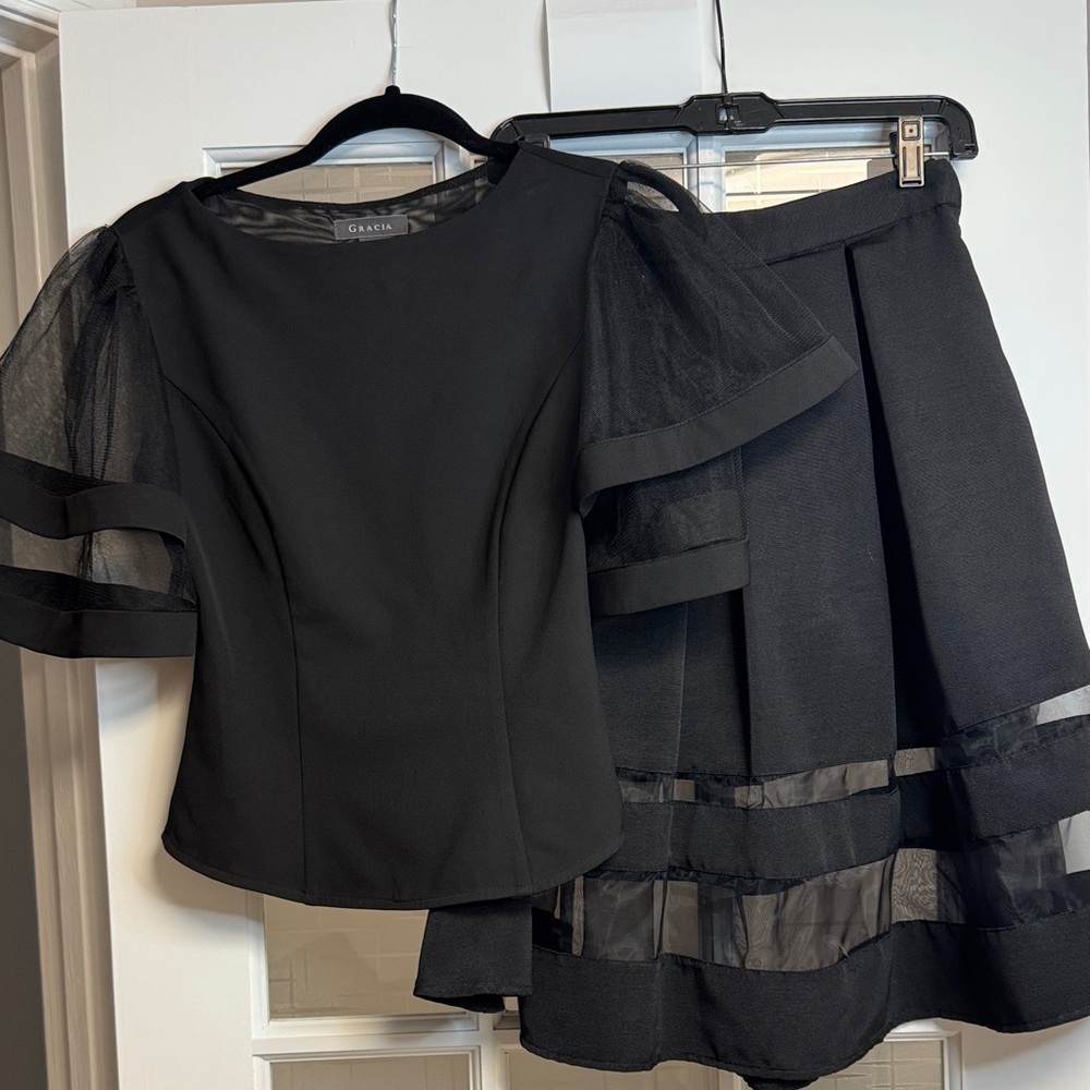 Black Sheer Sleeve Top and Skirt Set